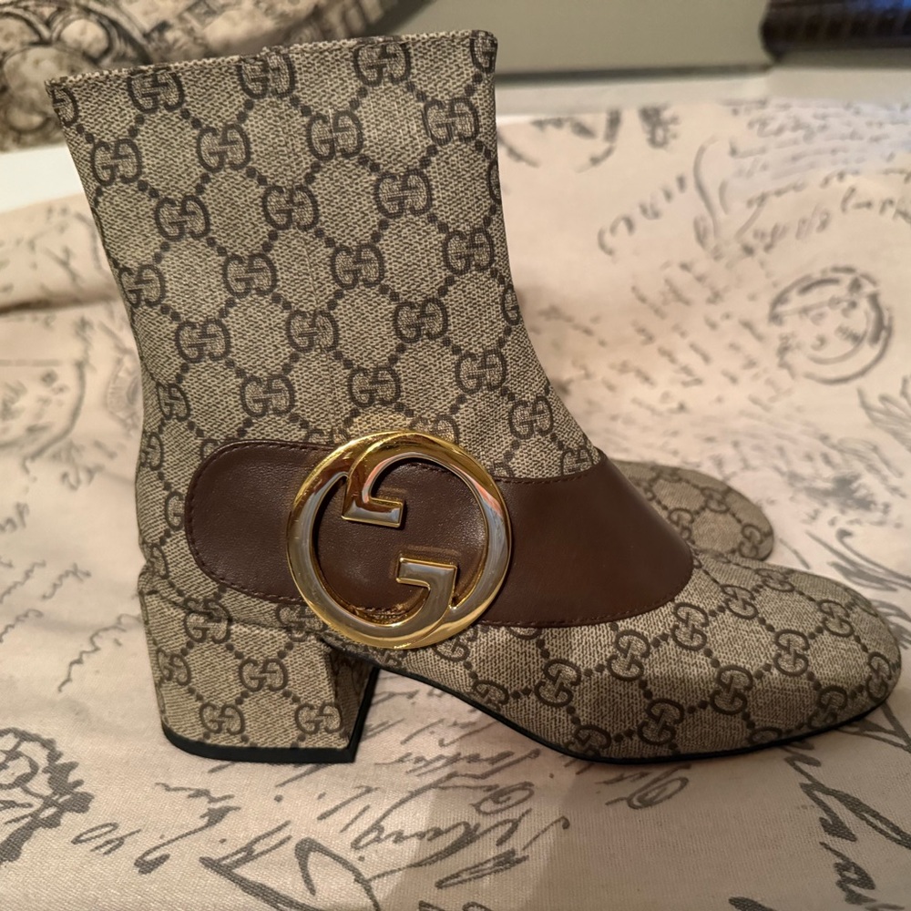Gucci Brown GG Canvas and Dark Brown Leather Ankle Boots with Gold GG Emblem